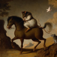 A mouse riding on a horse in a mountainside scene, Painting by Rembrandt